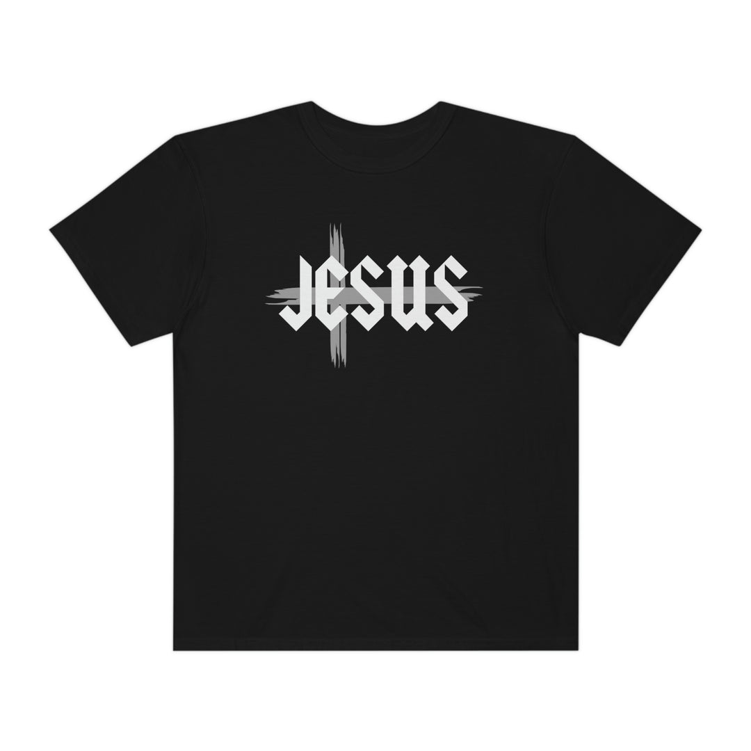 Relaxed fit Jesus Tee, black shirt with white text. 100% ring-spun cotton, garment-dyed for extra coziness. Double-needle stitching, seamless design for durability and comfort.