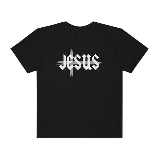 Relaxed fit Jesus Tee, black shirt with white text. 100% ring-spun cotton, garment-dyed for extra coziness. Double-needle stitching, seamless design for durability and comfort.