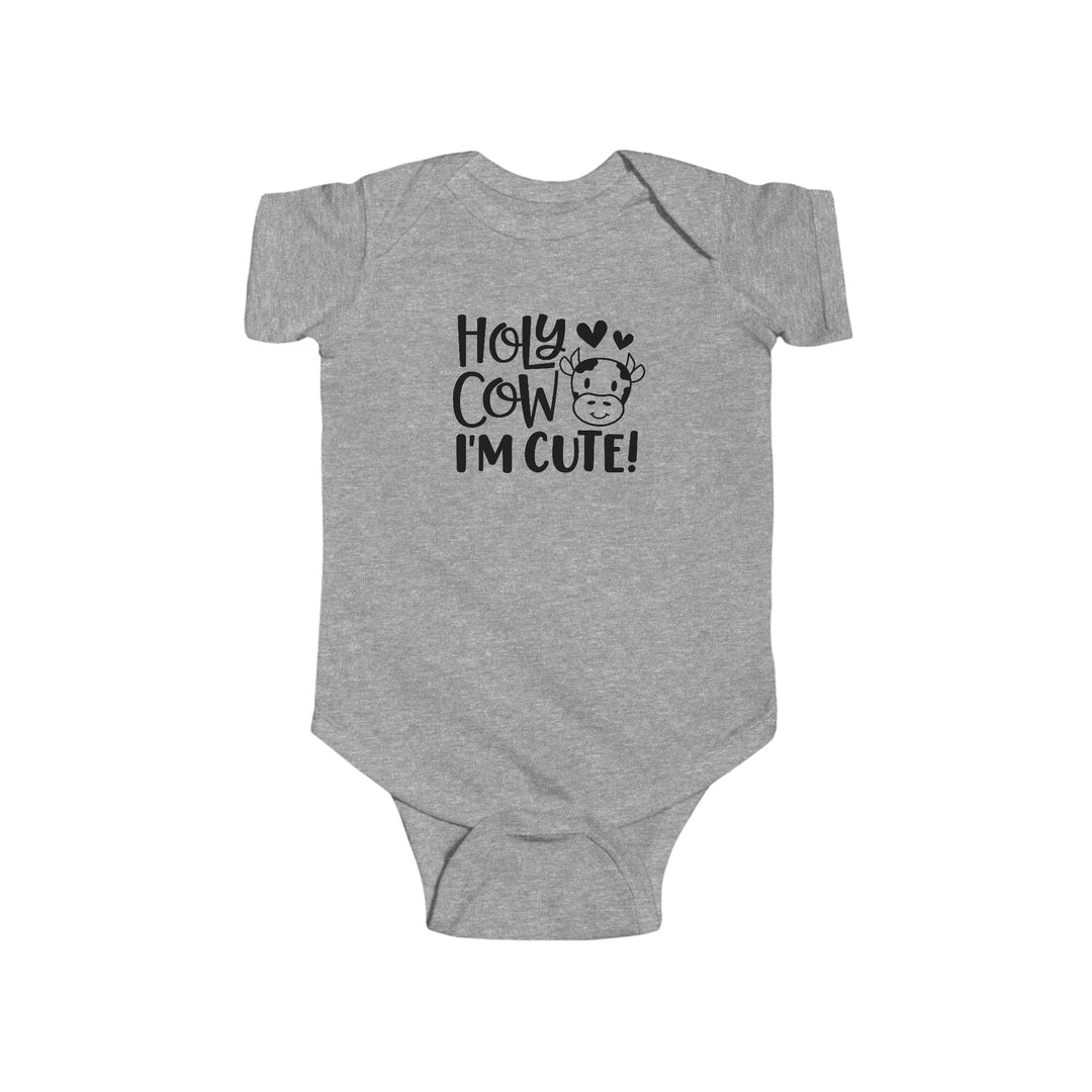 A durable and soft infant fine jersey bodysuit featuring a cow face and black text. Made of 100% cotton fabric, with ribbed knitting for durability and plastic snaps for easy changing access. From Worlds Worst Tees.