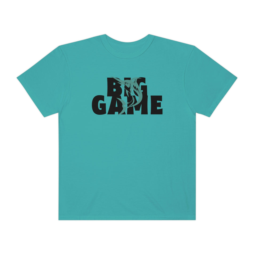 Comfort Colors BIG GAME FISHER Tee: Customizable, ring-spun cotton shirt with relaxed fit and durable double-needle stitching. No side-seams for lasting tubular shape. From Worlds Worst Tees.