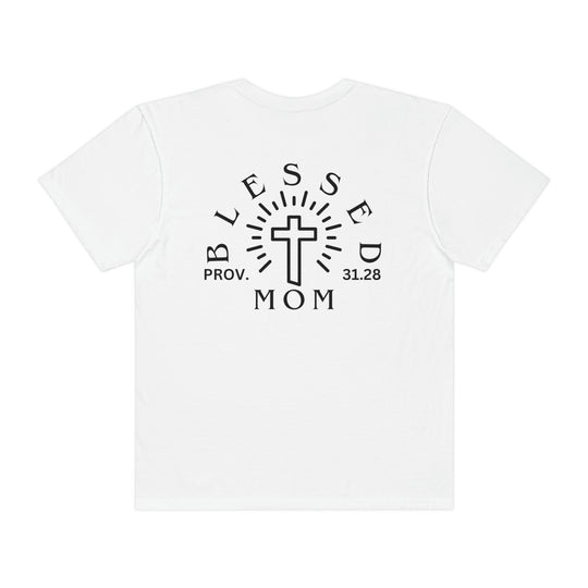 Blessed Mom Tee: White shirt with a cross design. 100% ring-spun cotton, garment-dyed for coziness. Relaxed fit, double-needle stitching for durability, no side-seams for shape retention. Sizes S to 3XL.