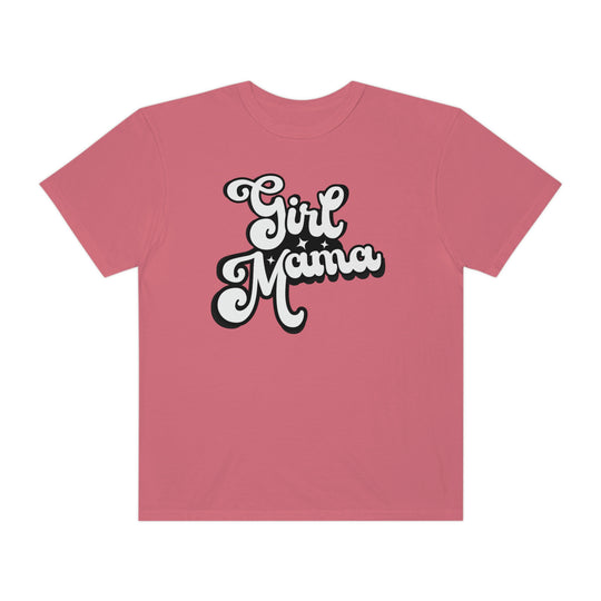 Girl Mama Tee: A pink shirt with white text, featuring a cartoon character mouth, crafted from 100% ring-spun cotton for a cozy, durable, and relaxed fit. Ideal for daily wear.