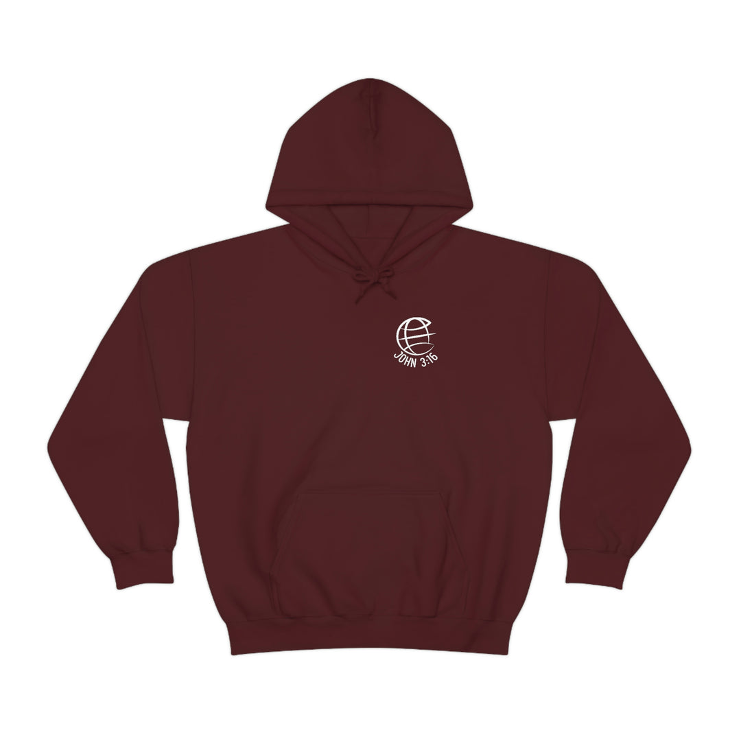 Unisex For God So Loved the World Hoodie, maroon with logo. Heavy blend cotton and polyester, kangaroo pocket, drawstring hood. Classic fit, tear-away label, cozy warmth.
