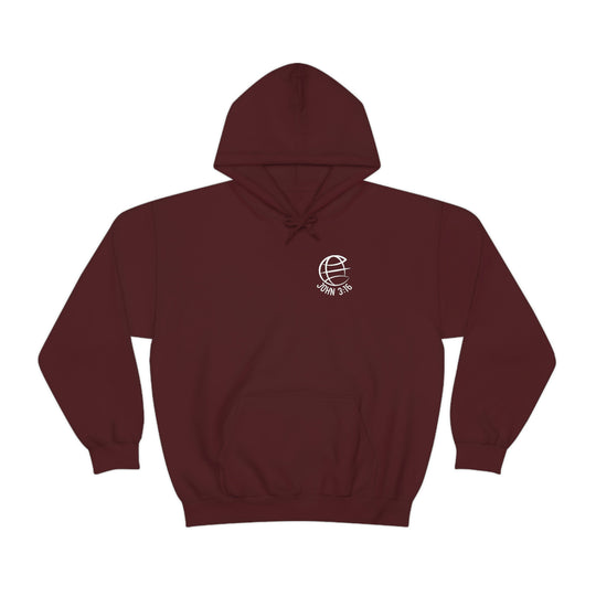 Unisex For God So Loved the World Hoodie, maroon with logo. Heavy blend cotton and polyester, kangaroo pocket, drawstring hood. Classic fit, tear-away label, cozy warmth.