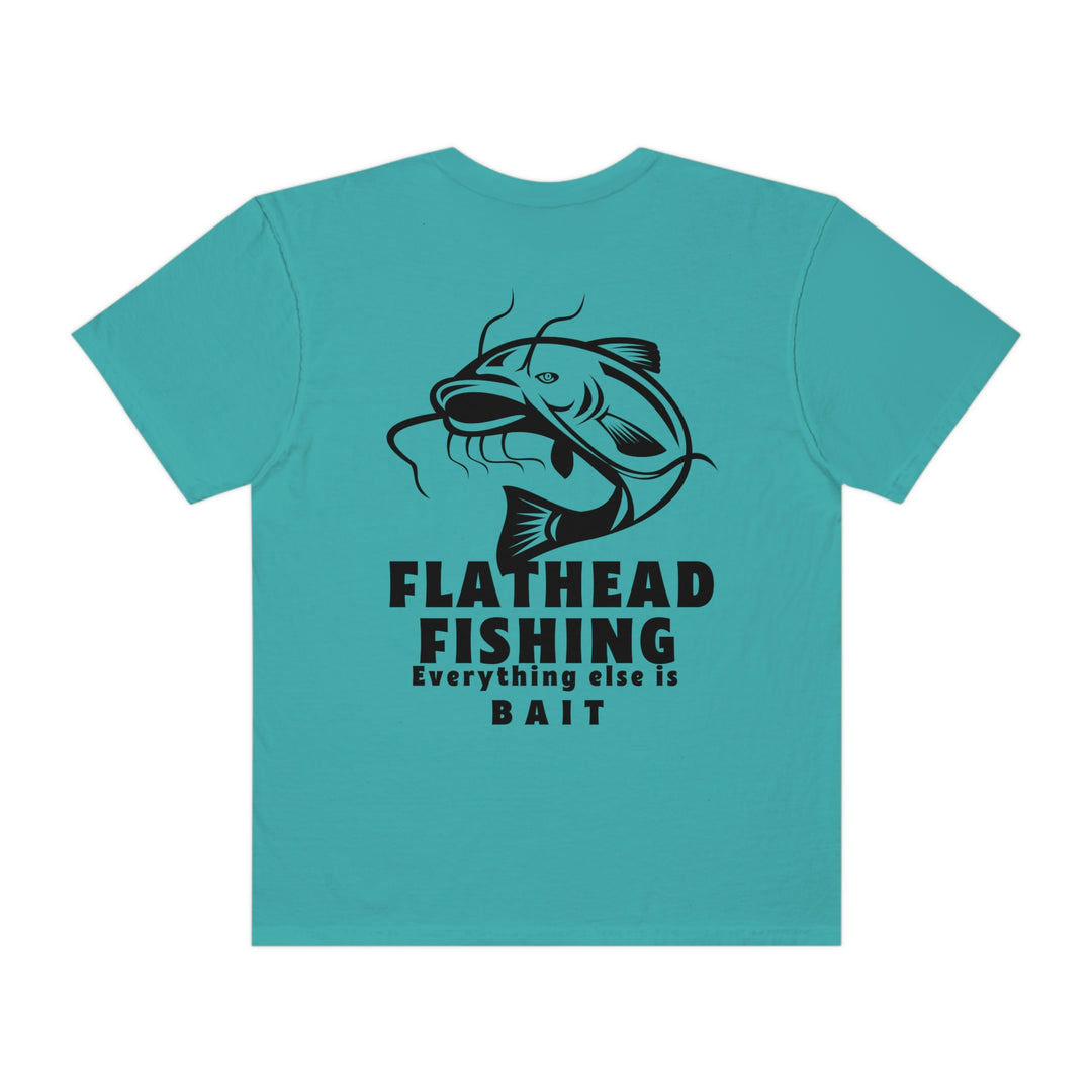 Flathead Fishing Unisex Tee by Comfort Colors: Back view of blue shirt with fish design and text. 100% ring-spun cotton, relaxed fit, durable double-needle stitching, no side-seams for tubular shape.