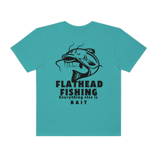 Flathead Fishing Unisex Tee by Comfort Colors: Back view of blue shirt with fish design and text. 100% ring-spun cotton, relaxed fit, durable double-needle stitching, no side-seams for tubular shape.
