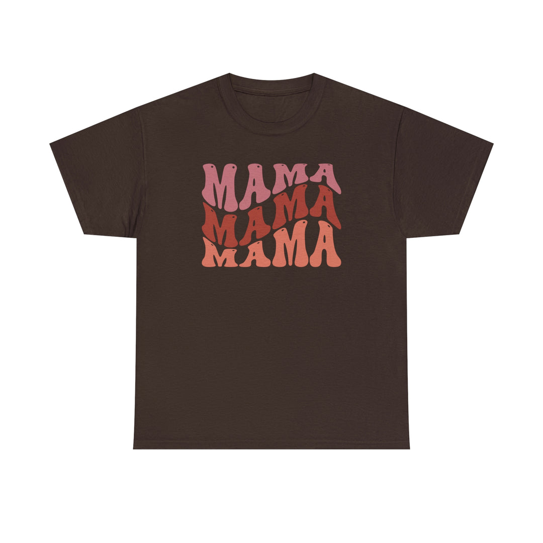 Unisex Mama Tee in brown with pink text. Heavy cotton fabric, no side seams, tape on shoulders for durability, ribbed knit collar. Classic fit, 100% cotton. From Worlds Worst Tees.