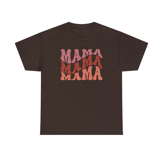 Unisex Mama Tee in brown with pink text. Heavy cotton fabric, no side seams, tape on shoulders for durability, ribbed knit collar. Classic fit, 100% cotton. From Worlds Worst Tees.