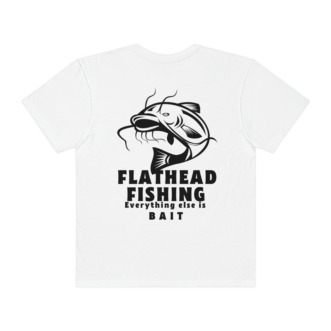 Comfort Colors Flathead Fishing Unisex Tee: Back view of white shirt with fish design. 100% ring-spun cotton, relaxed fit, durable double-needle stitching, seamless sides. Ideal for daily wear.