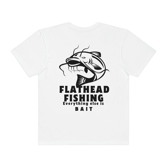 Comfort Colors Flathead Fishing Unisex Tee: Back view of white shirt with fish design. 100% ring-spun cotton, relaxed fit, durable double-needle stitching, seamless sides. Ideal for daily wear.