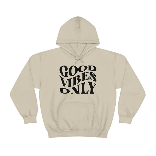 A cozy Good Vibes Only Hoodie in beige with black text, featuring a kangaroo pocket and drawstring hood. Unisex, cotton-polyester blend, medium-heavy fabric, classic fit. Ideal for comfort and style.