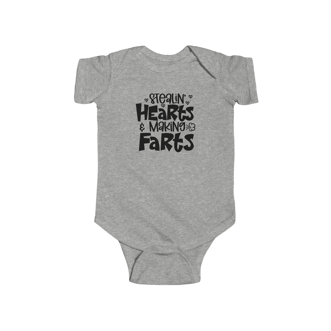 A durable and soft infant fine jersey bodysuit, the Stealin Hearts and Making Farts onesie features 100% cotton fabric, ribbed knitting for durability, and plastic snaps for easy changes. From Worlds Worst Tees.