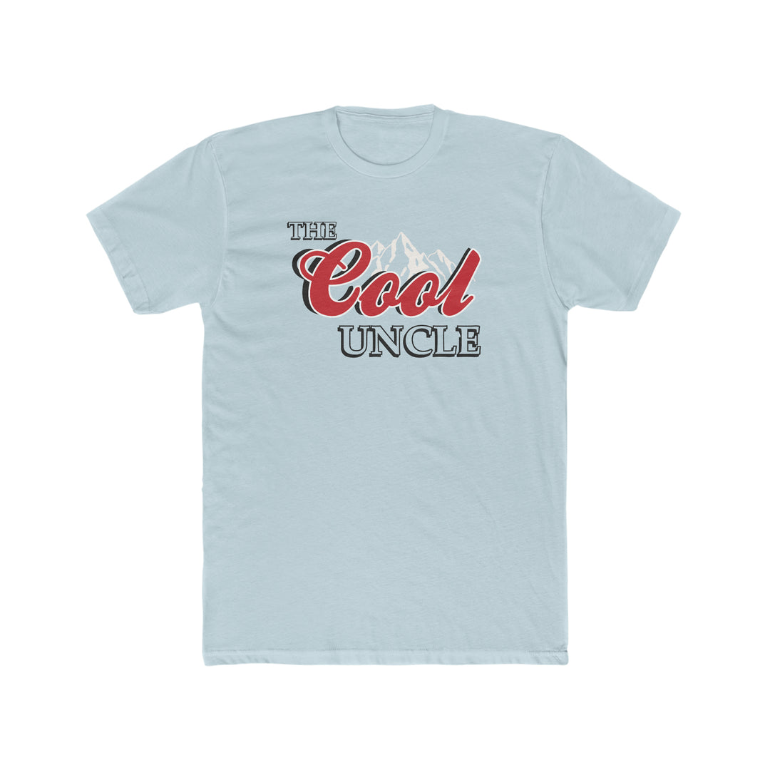 Men's premium fitted short sleeve tee, The Cool Uncle Tee, in light blue. Comfy, light, ribbed knit collar, 100% cotton, roomy fit, ideal for workouts or daily wear. From Worlds Worst Tees.