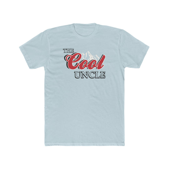 Men's premium fitted short sleeve tee, The Cool Uncle Tee, in light blue. Comfy, light, ribbed knit collar, 100% cotton, roomy fit, ideal for workouts or daily wear. From Worlds Worst Tees.