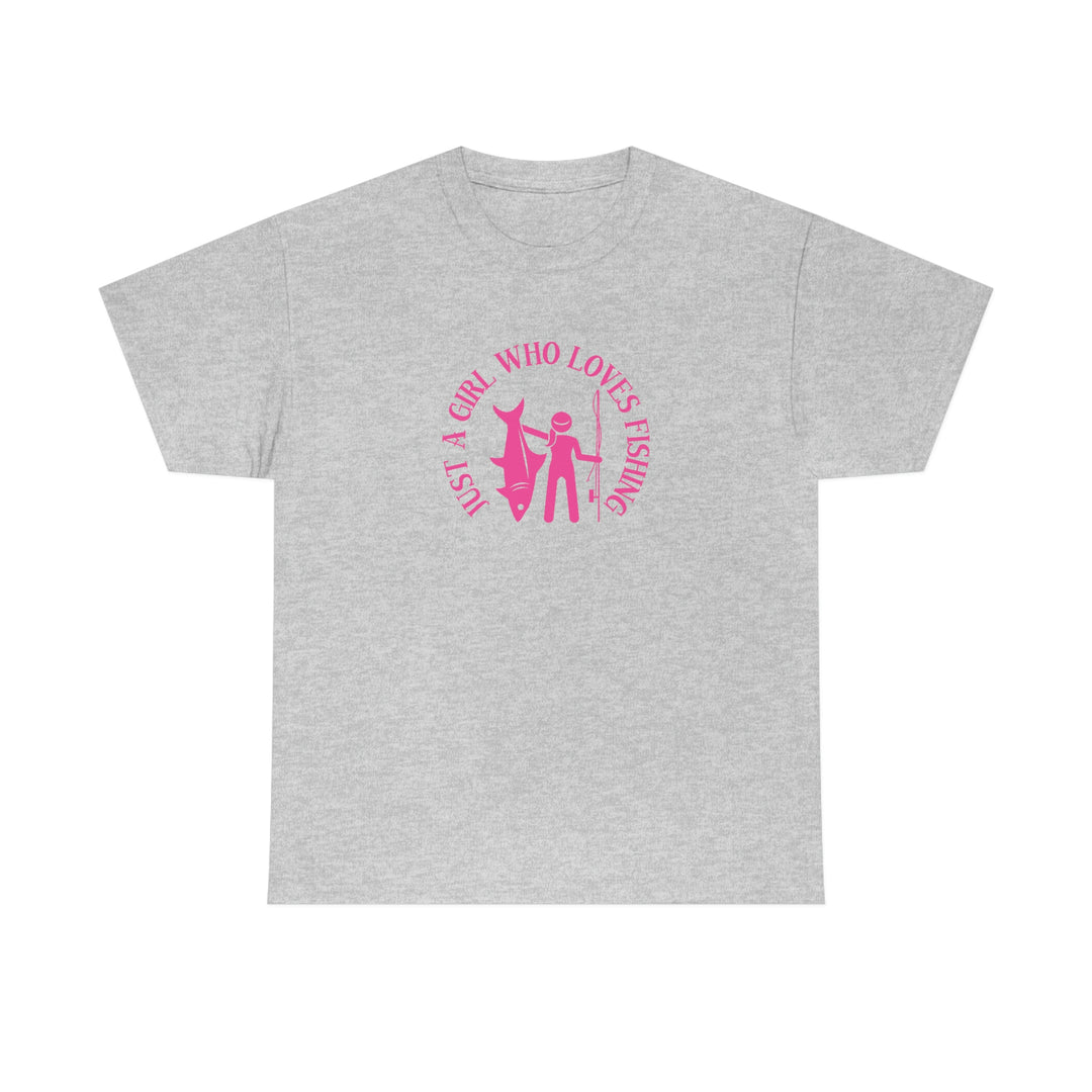 Unisex Just a Girl Who Loves Fishing Tee. Classic fit, tear-away label, 100% cotton. Grey shirt with pink fishing-themed graphic design. Ideal for casual fashion enthusiasts.