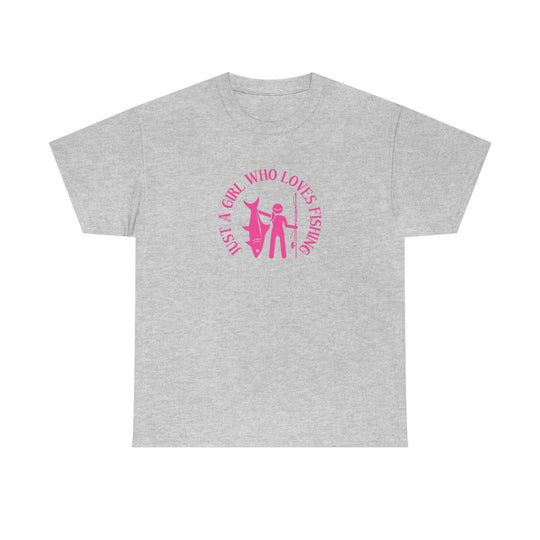 Unisex Just a Girl Who Loves Fishing Tee. Classic fit, tear-away label, 100% cotton. Grey shirt with pink fishing-themed graphic design. Ideal for casual fashion enthusiasts.