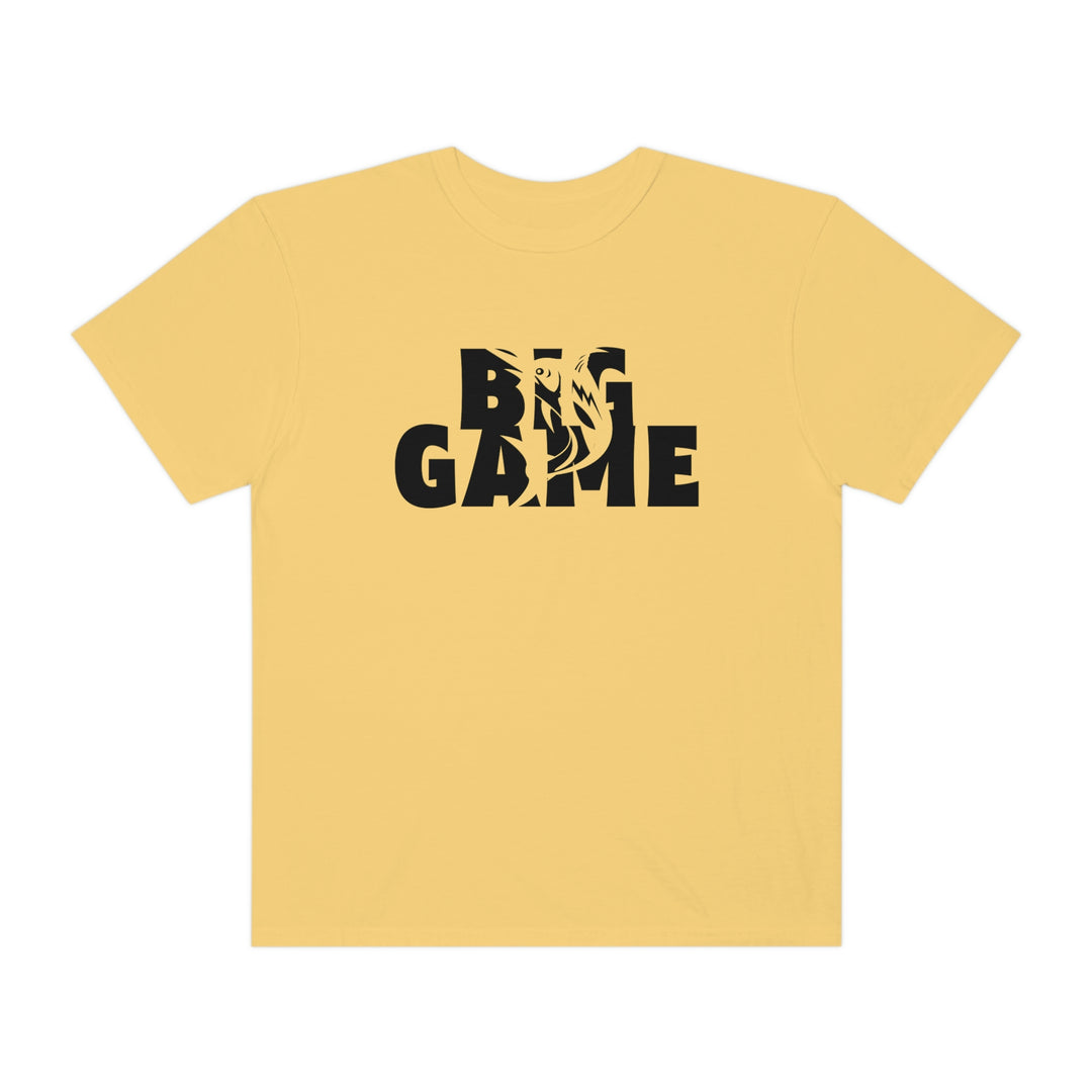 Alt text: BIG GAME FISHER Tee: Comfort Colors garment-dyed t-shirt in yellow with black text. 100% ring-spun cotton, relaxed fit, durable double-needle stitching, no side-seams. Ideal for daily wear.
