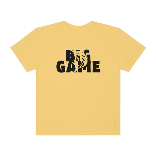 Alt text: BIG GAME FISHER Tee: Comfort Colors garment-dyed t-shirt in yellow with black text. 100% ring-spun cotton, relaxed fit, durable double-needle stitching, no side-seams. Ideal for daily wear.