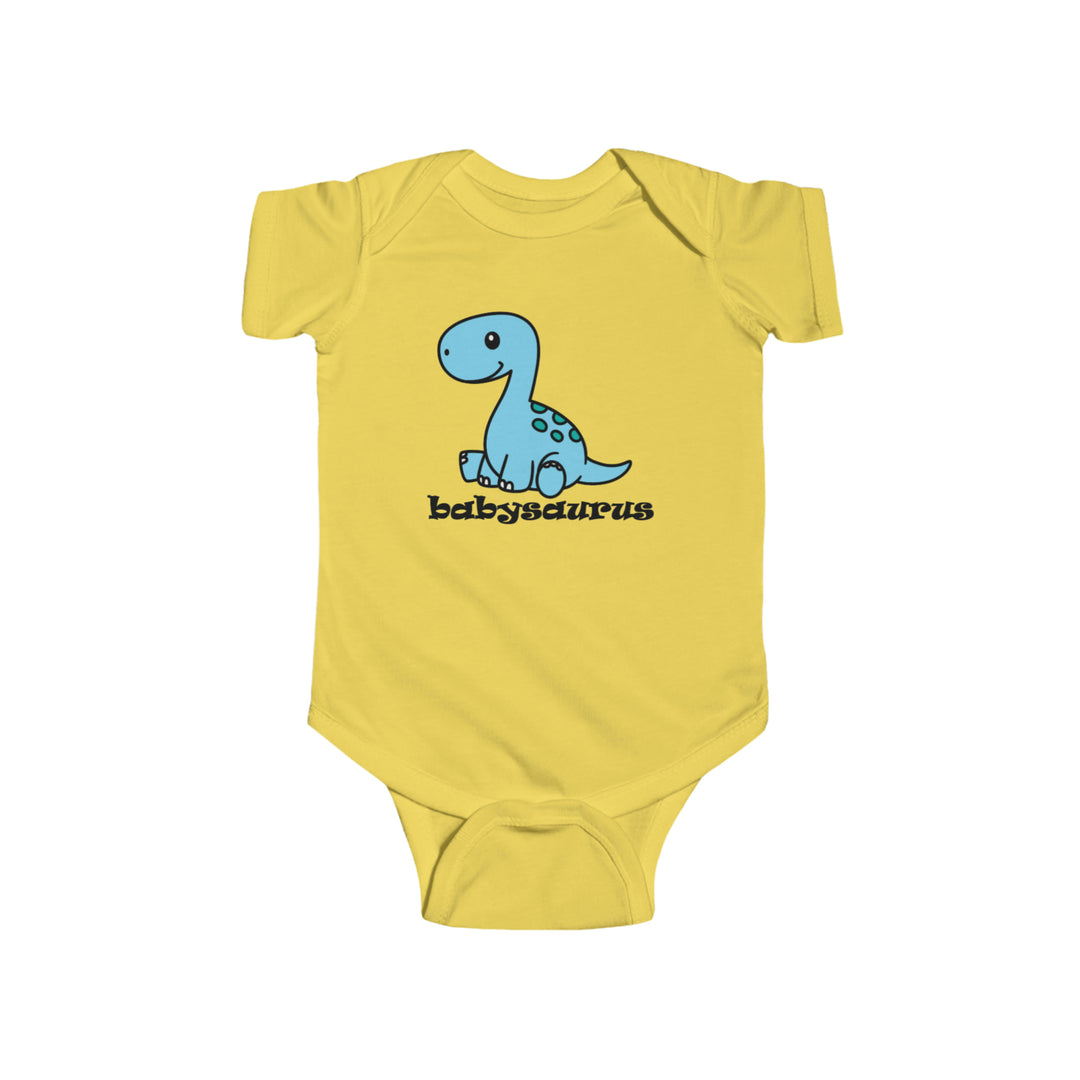 A yellow baby bodysuit featuring a blue dinosaur design, perfect for infants. Made of 100% cotton, with ribbed knit bindings and plastic snaps for easy changing. From Worlds Worst Tees' Babysaurus Onesie collection.
