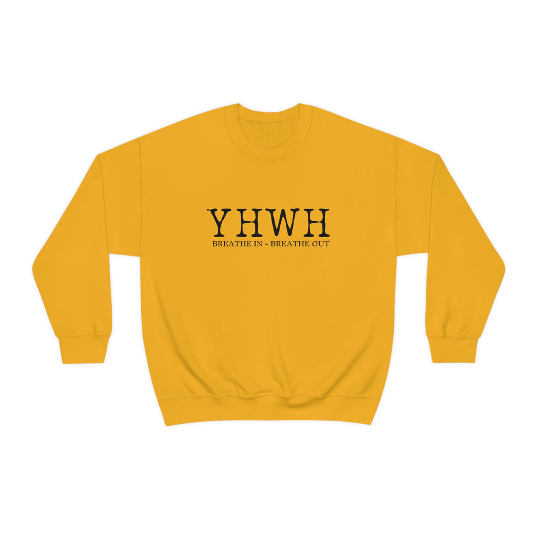 Unisex YHWH Crewneck sweatshirt, yellow with black text. Heavy blend fabric, ribbed knit collar, no itchy seams. Sizes from S to 5XL. Ideal for comfort and style.