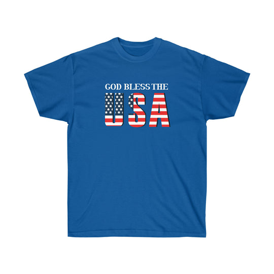 God Bless The USA Dudes Tee: Unisex cotton shirt with patriotic text. Classic fit, tear-away label, sustainably sourced materials. Ideal for a standout look. From Worlds Worst Tees.