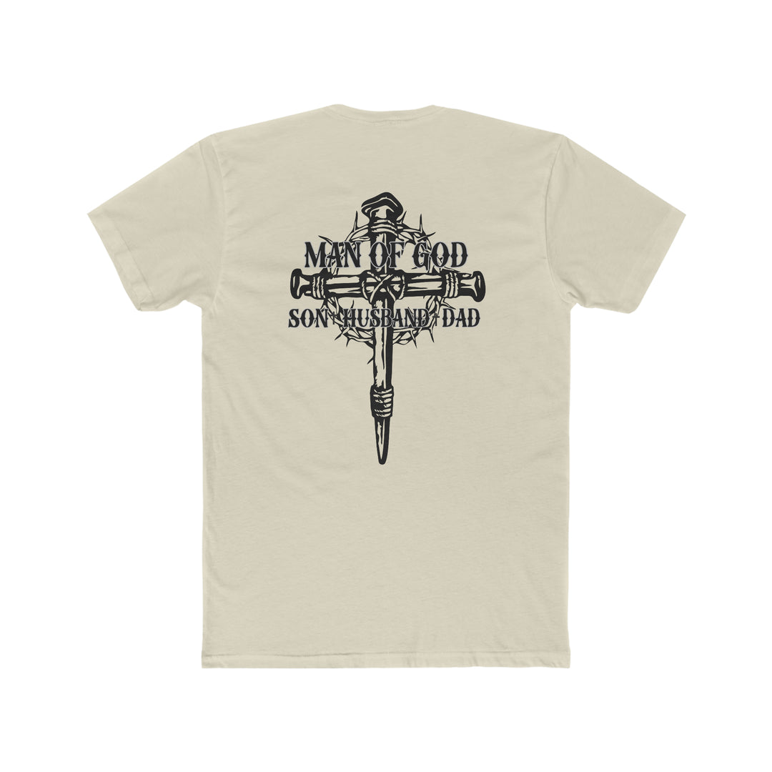 Man of God Son Husband Dad Tee: Back view of a black and white t-shirt with a cross and crown of thorns graphic. 100% ring-spun cotton, medium weight, relaxed fit for daily comfort.