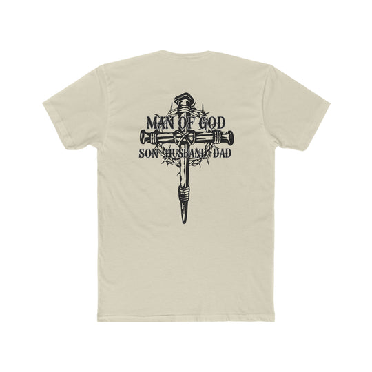 Man of God Son Husband Dad Tee: Back view of a black and white t-shirt with a cross and crown of thorns graphic. 100% ring-spun cotton, medium weight, relaxed fit for daily comfort.