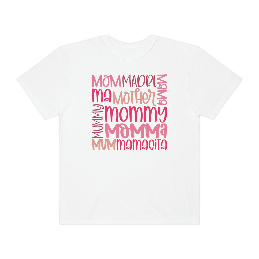 Mama Tee: White shirt with pink text, 100% ring-spun cotton, garment-dyed for coziness. Relaxed fit, double-needle stitching for durability, no side-seams for tubular shape.