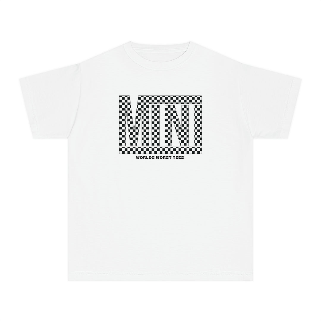 A Vans Mini Kids Tee featuring a black and white checkered design. Made of 100% combed ringspun cotton for comfort and agility, perfect for kids' active days. Classic fit, soft-washed, and garment-dyed for all-day wear.
