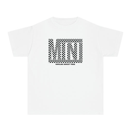 A Vans Mini Kids Tee featuring a black and white checkered design. Made of 100% combed ringspun cotton for comfort and agility, perfect for kids' active days. Classic fit, soft-washed, and garment-dyed for all-day wear.