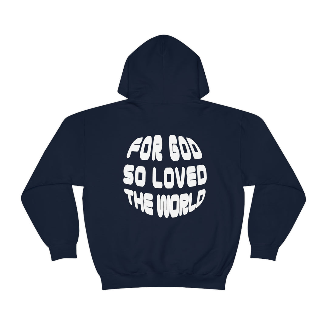 Unisex For God So Loved the World Hoodie, a blend of cotton and polyester, featuring a kangaroo pocket and drawstring hood. Medium-heavy fabric, tear-away label, classic fit. Ideal for warmth and comfort.