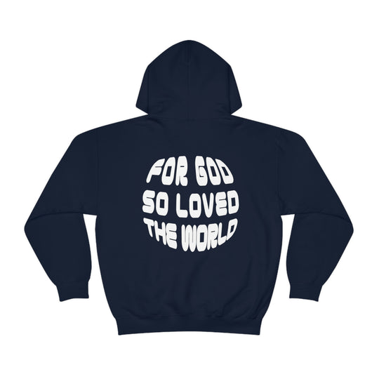 Unisex For God So Loved the World Hoodie, a blend of cotton and polyester, featuring a kangaroo pocket and drawstring hood. Medium-heavy fabric, tear-away label, classic fit. Ideal for warmth and comfort.