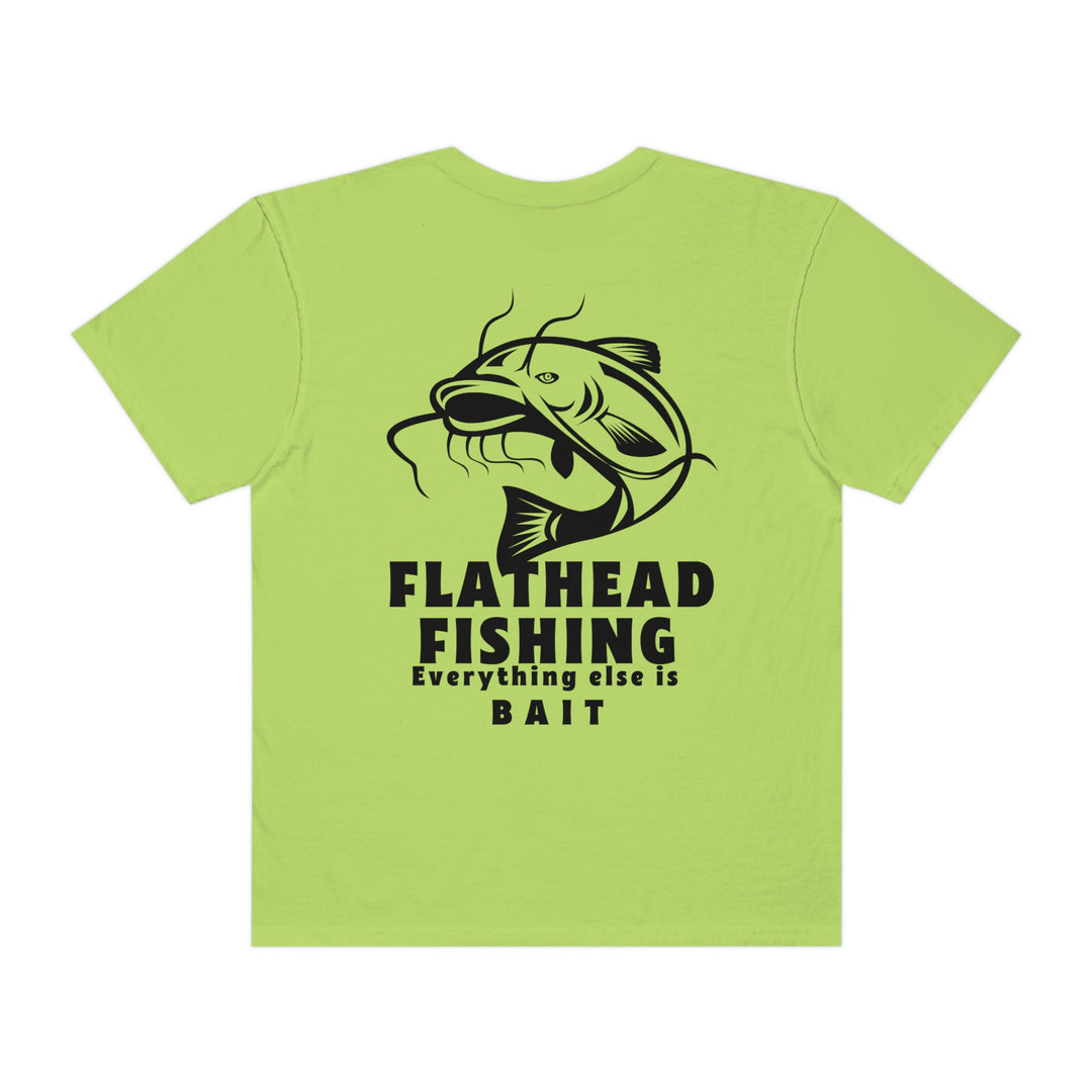 Comfort Colors Flathead Fishing Unisex Tee: Back view of a fish design tee with logo. 100% ring-spun cotton, relaxed fit, durable double-needle stitching, and seamless sides for comfort.