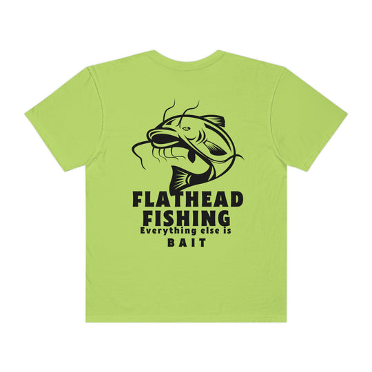 Comfort Colors Flathead Fishing Unisex Tee: Back view of a fish design tee with logo. 100% ring-spun cotton, relaxed fit, durable double-needle stitching, and seamless sides for comfort.