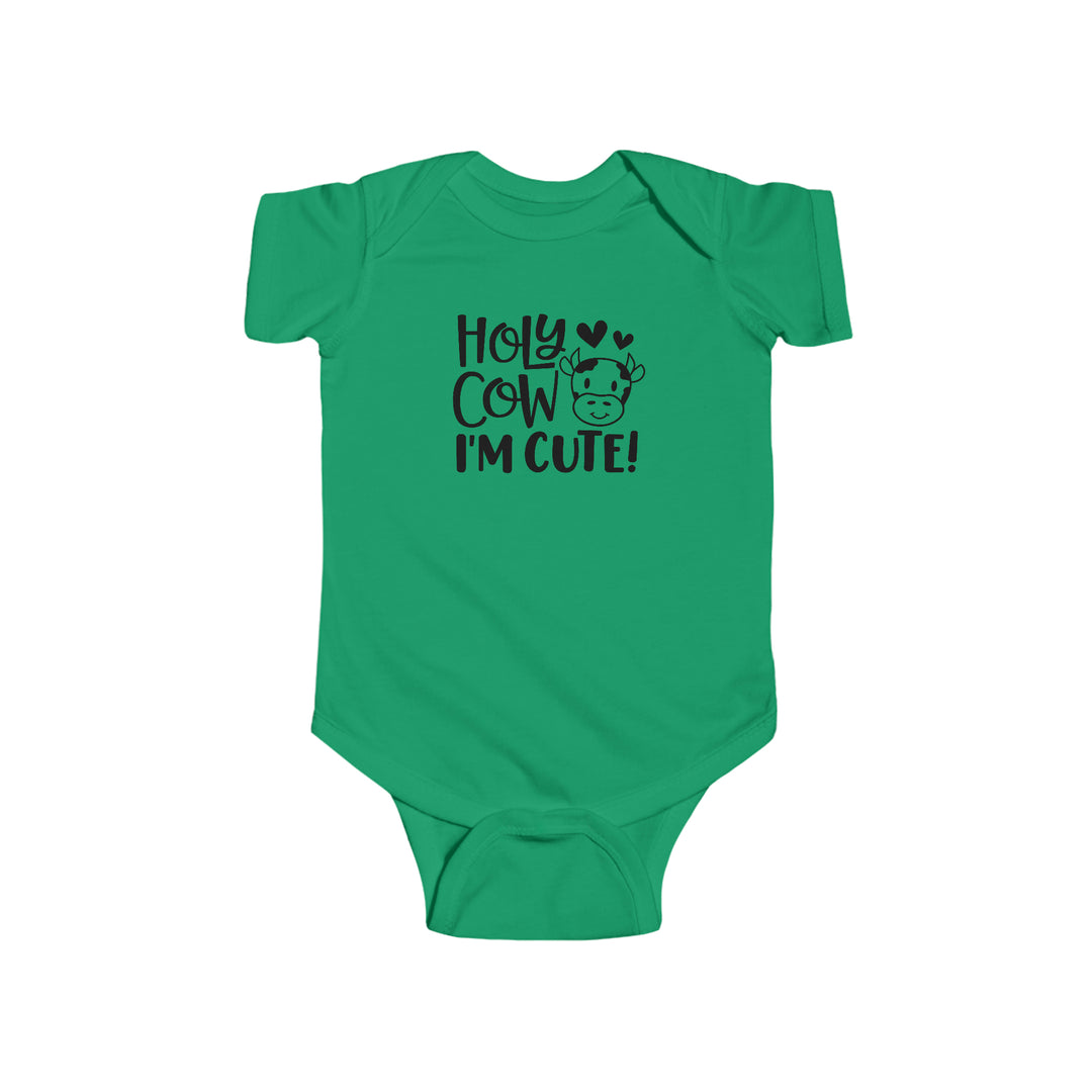 A green baby bodysuit with black text, featuring a cute cow face design. Infant fine jersey bodysuit made of 100% cotton for durability and softness. Plastic snaps for easy changing. From Worlds Worst Tees.