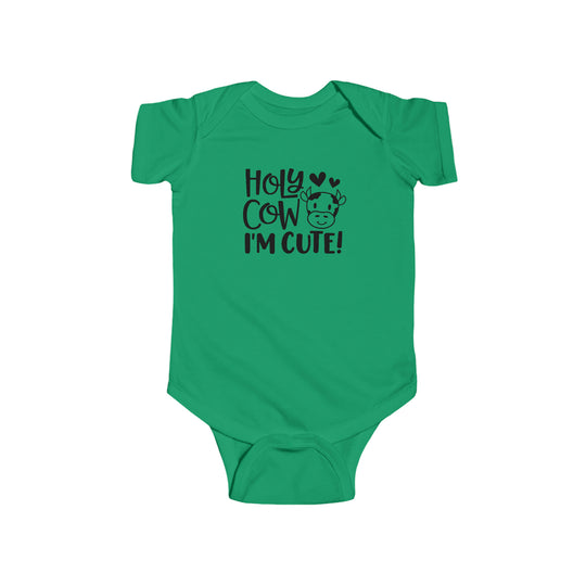 A green baby bodysuit with black text, featuring a cute cow face design. Infant fine jersey bodysuit made of 100% cotton for durability and softness. Plastic snaps for easy changing. From Worlds Worst Tees.