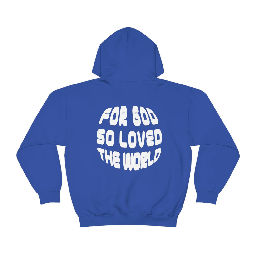 Unisex For God So Loved the World Hoodie, a cozy blend of cotton and polyester. Features kangaroo pocket, drawstring hood, and tear-away label. Classic fit, medium-heavy fabric for warmth and comfort.