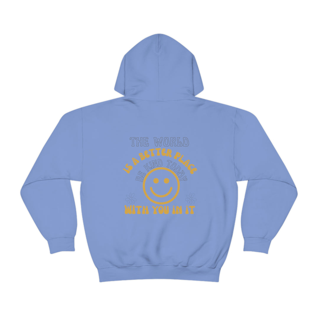 A cozy Be Kind Today Hoodie, featuring a spacious kangaroo pocket and a matching drawstring. Made of 50% cotton and 50% polyester blend for comfort and warmth. Classic fit, tear-away label.