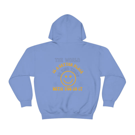 A cozy Be Kind Today Hoodie, featuring a spacious kangaroo pocket and a matching drawstring. Made of 50% cotton and 50% polyester blend for comfort and warmth. Classic fit, tear-away label.