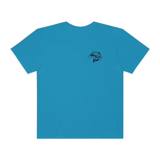 Comfort Colors Flathead Fishing Unisex Tee: A blue t-shirt with a fish logo, 100% ring-spun cotton, relaxed fit, and durable double-needle stitching. From Worlds Worst Tees.