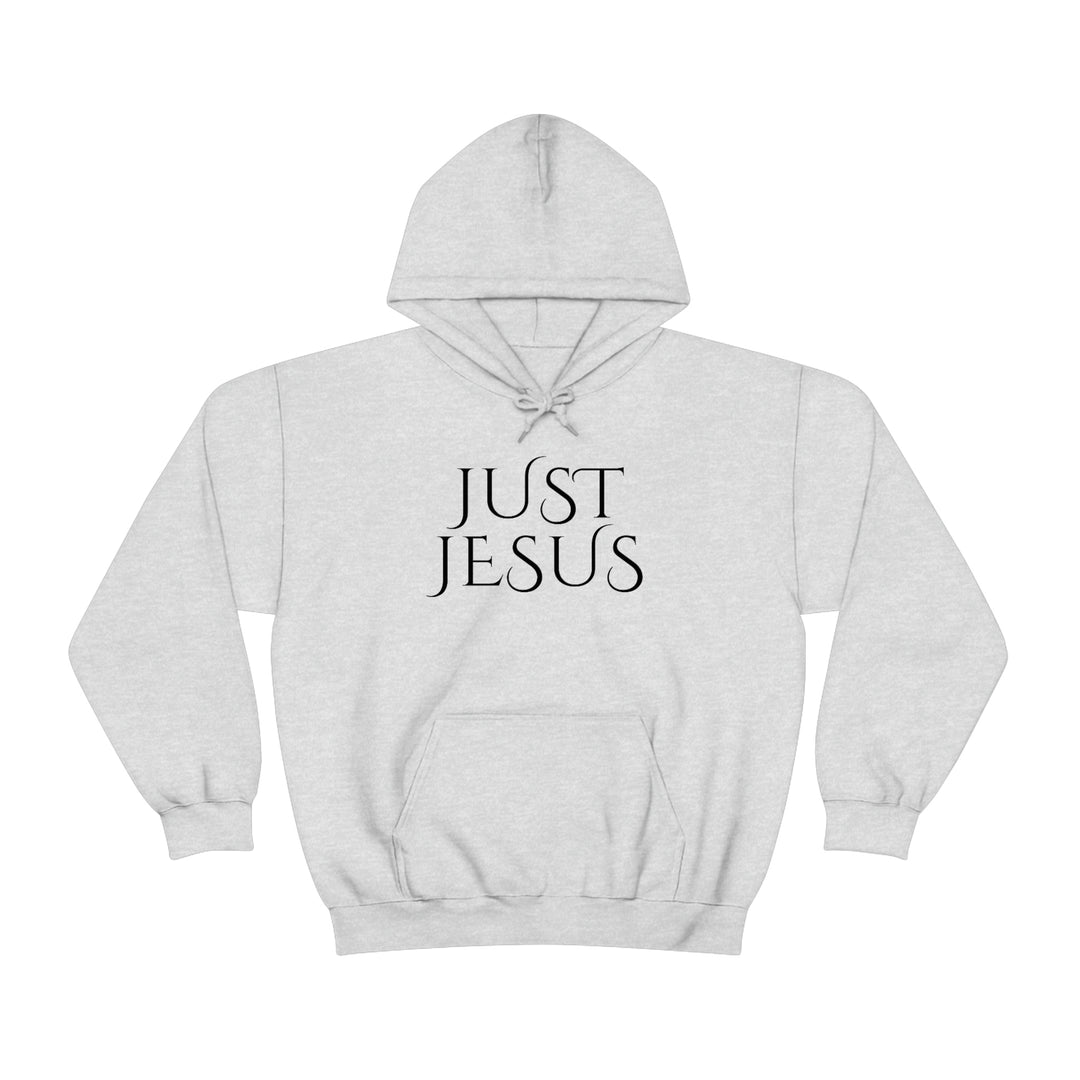 Unisex Just Jesus Hoodie: White sweatshirt with black text. Cotton-polyester blend, kangaroo pocket, drawstring hood. Classic fit, tear-away label, medium-heavy fabric. Ideal for warmth and comfort.