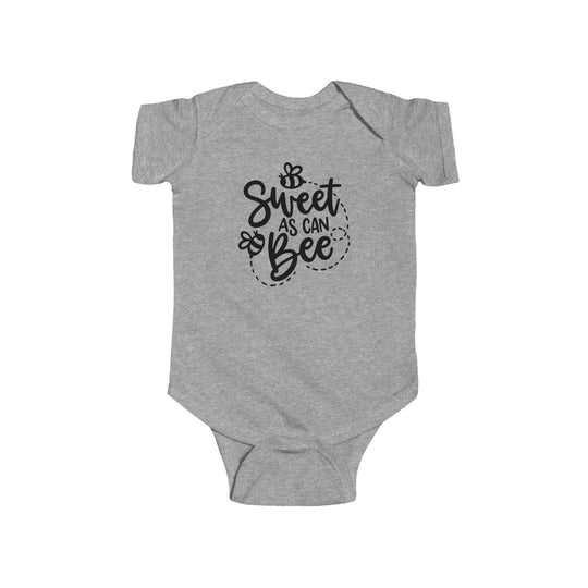 A durable and soft infant fine jersey bodysuit, the Sweet as can Be Onesie from Worlds Worst Tees. Features 100% cotton fabric, ribbed knit bindings, and plastic snaps for easy changing access.