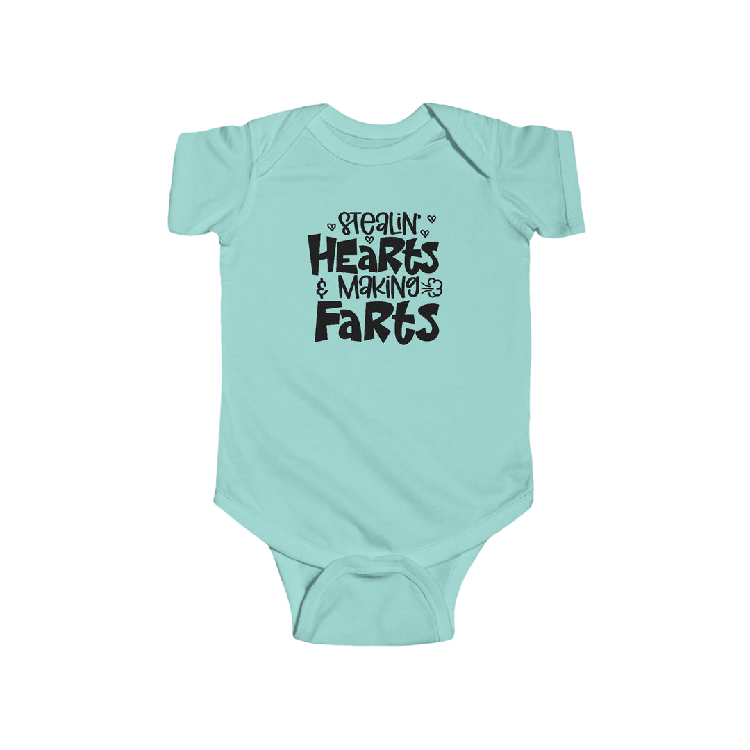 A baby bodysuit featuring the Stealin Hearts and Making Farts Onesie design. Made of 100% cotton, with ribbed knit bindings and plastic snaps for easy changing. Light fabric, tear away label, ideal for infants.