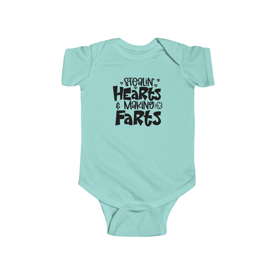 A baby bodysuit featuring the Stealin Hearts and Making Farts Onesie design. Made of 100% cotton, with ribbed knit bindings and plastic snaps for easy changing. Light fabric, tear away label, ideal for infants.