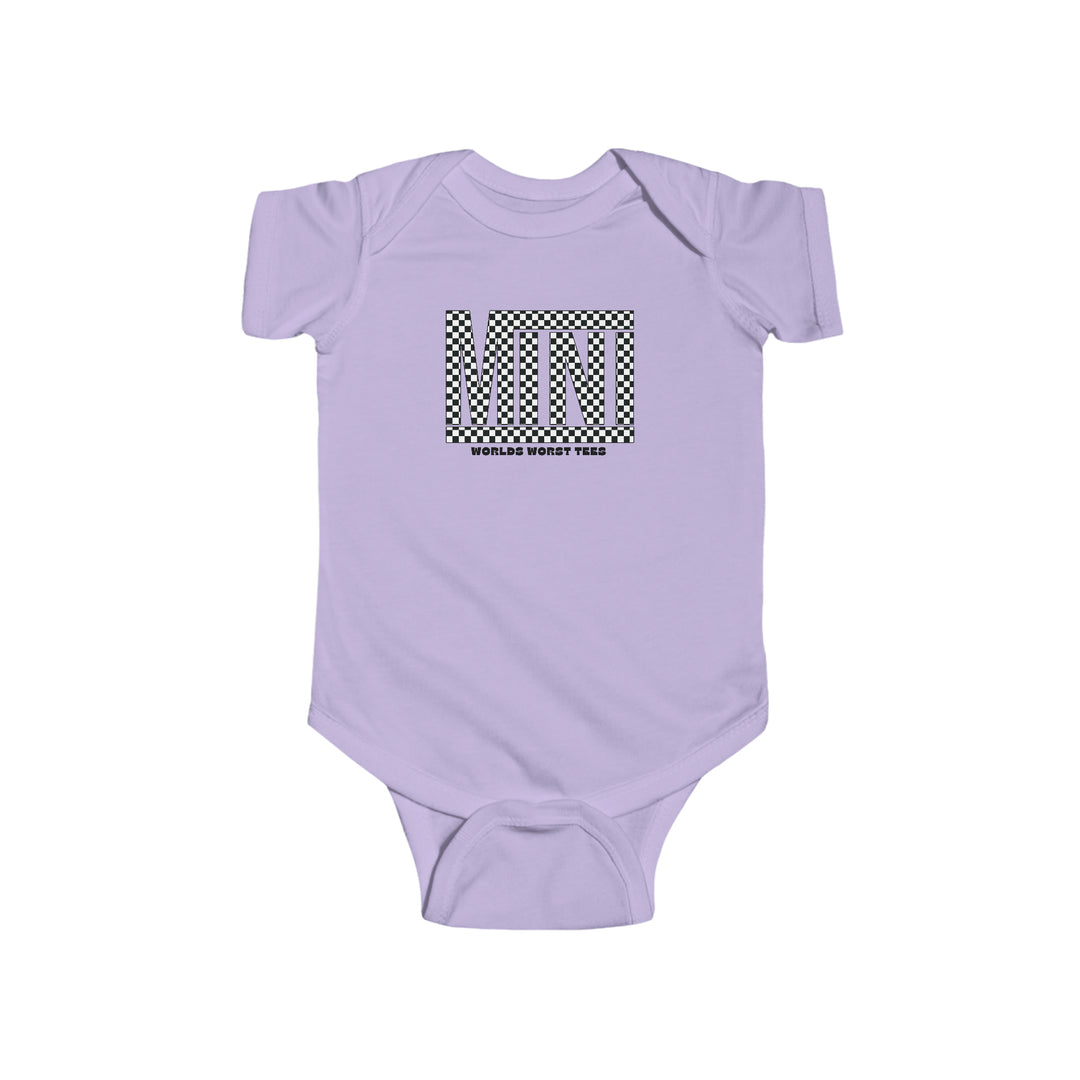 Vans Mini Onesie baby bodysuit with logo, 100% cotton, ribbed knit bindings, plastic snaps at closure for easy changing access. Durable and soft infant wear from Worlds Worst Tees.