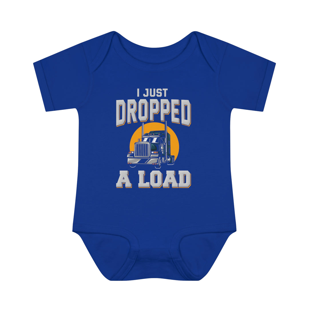 Infant blue bodysuit with truck design, ideal for comfort with lap shoulders. 100% ring-spun cotton, unisex fit, light fabric. Product title: I Just Dropped a Load Onesie.