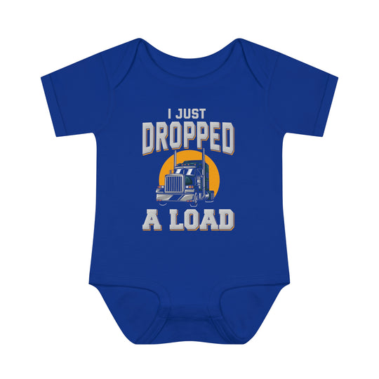 Infant blue bodysuit with truck design, ideal for comfort with lap shoulders. 100% ring-spun cotton, unisex fit, light fabric. Product title: I Just Dropped a Load Onesie.
