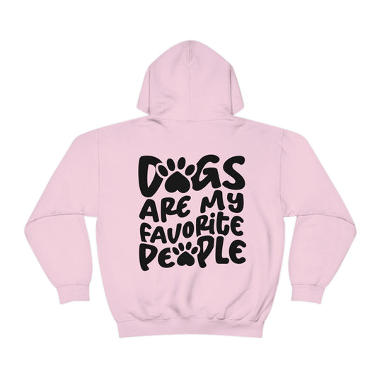 Unisex Dogs are my Favorite People Hoodie: Pink sweatshirt with black text, kangaroo pocket, drawstring hood. 50% cotton, 50% polyester, 8.0 oz/yd² fabric, tear-away label, classic fit.