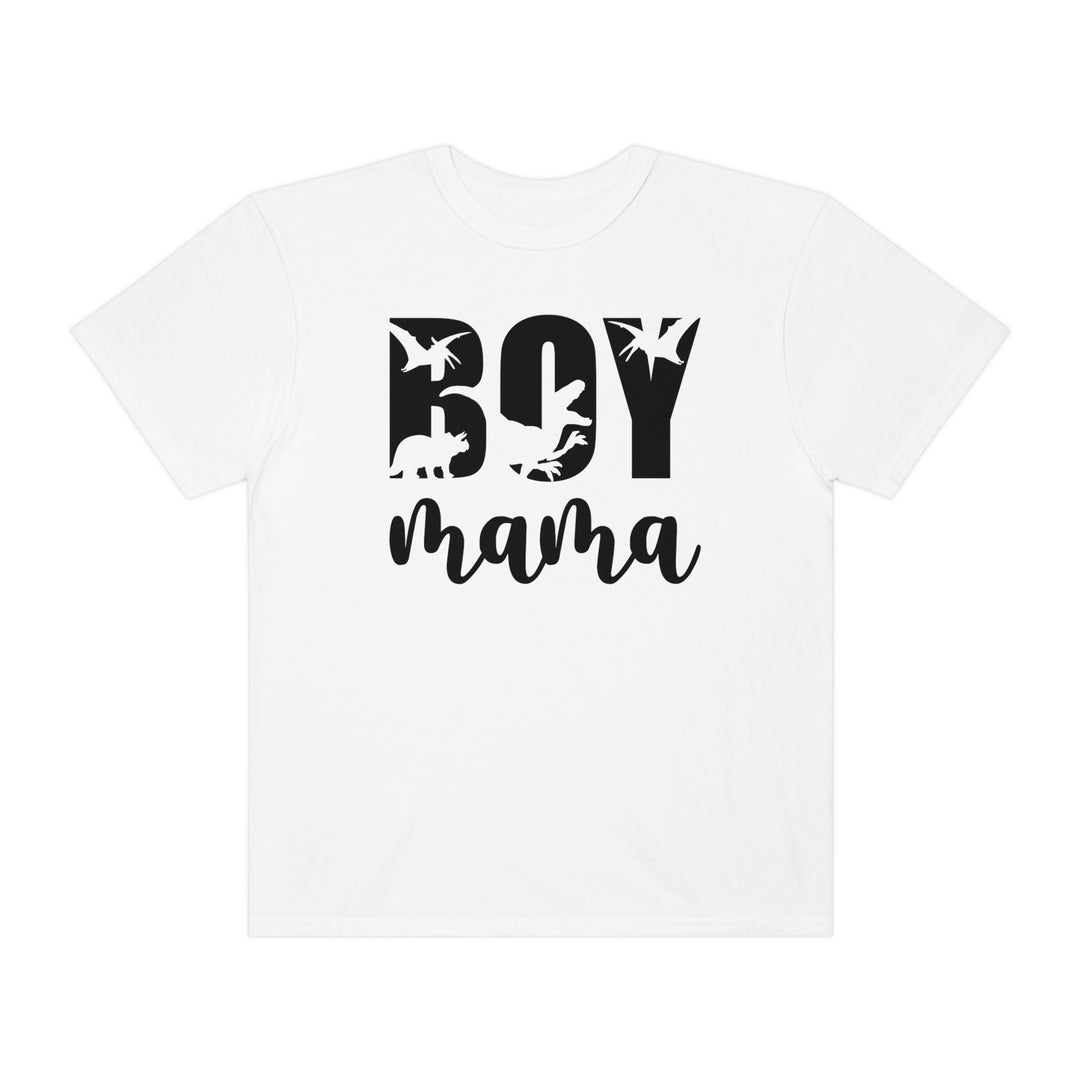 A Total Boy Mama Tee, a white shirt with black text and logo, made of 100% ring-spun cotton. Garment-dyed for extra coziness, featuring a relaxed fit and durable double-needle stitching.