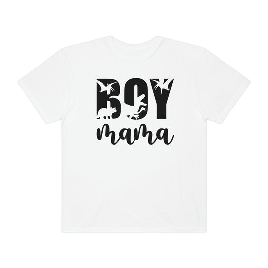 A Total Boy Mama Tee, a white shirt with black text and logo, made of 100% ring-spun cotton. Garment-dyed for extra coziness, featuring a relaxed fit and durable double-needle stitching.